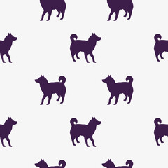 Standing siberian husky puppy. Seamless pattern. Dog silhouette. Endless texture. Isolated on white background. Design for wallpaper, fabric, decor, surface design. Vector illustration.