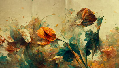 Fototapeta na wymiar Wonderful colorful abstract flowers with floral patterns, leaves and flowers as a painting. Illustration, Digital Art 3D Rendering.