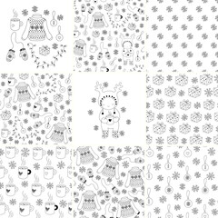Set of Christmas seamless patterns and objects - sweaters, mittens, snowflakes, gifts, mugs of tea, and cartoon illustration with character - cute child in a hat with deer antlers, black and white