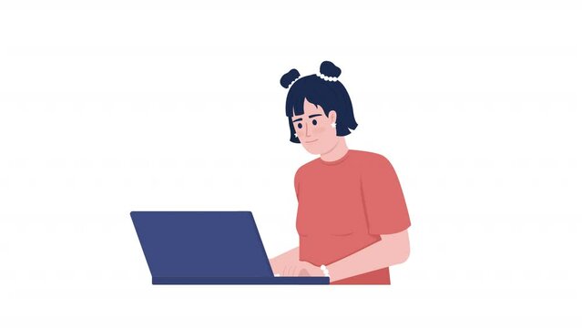 Animated studying girl character. Female teenager using notebook. Full body flat person HD video footage with alpha channel. Color cartoon style illustration on transparent background for animation