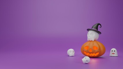 Happy Halloween.glowing pumpkin,Skull,Ghost on treat or trick fantasy fun party ,3d rander