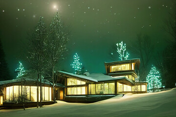 Winter Christmas landscape with lights snow and ice, dreamy, silence, illuminated modern house in the middle of the forest, green sky Scandinavian nordic lights