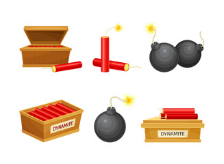 Bomb and dynamite sticks in wooden boxes set vector illustration