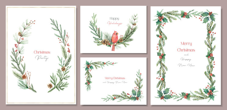 Watercolor sets of templates with Christmas decor.
