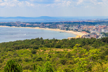 Fototapeta na wymiar Aerial view of Sunny Beach resort and the Black Sea in Bulgaria