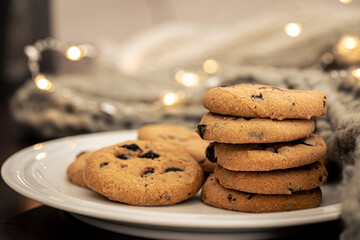 Cookies with chocolate chips close-up on a plate.