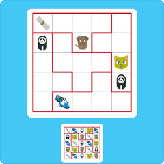 Sudoku game with autumn pictures (mushroom, leaf) for children, easy level, education game for kids, preschool worksheet activity, task for the development of logical thinking, vector illustration