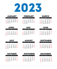  Calendar for 2023 vector illustration. The week starts on Sunday in red colors. Twelve Month Calendar 2023
