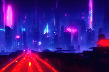 Cyberpunk future sci-fi city with neon lights. Futuristic night building with urban red purple traffic background 3D