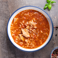 kharcho red tomato soup meat, rice meal food snack on the table copy space food background 