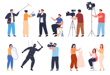 Fototapeta na wymiar A group of people are shooting a movie in a movie studio. TV and film crew with cameras, lighting, microphones, the process of creating a movie. Vector illustration