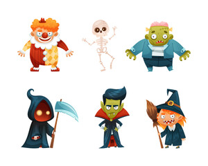 Set of Halloween characters. Clown, skeleton, reaper, vampire, witch vector illustration