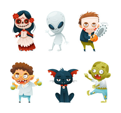 Set of Halloween characters. Ghost, zombie, cat, Frankenstein vector illustration