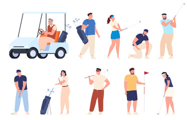 People play golf. Male and female players hit the ball with a golf club to hit the hole. Vector illustration