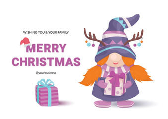 Merry Christmas card with cute gnome girl. Postcard for business, congratulate customers on the new year.