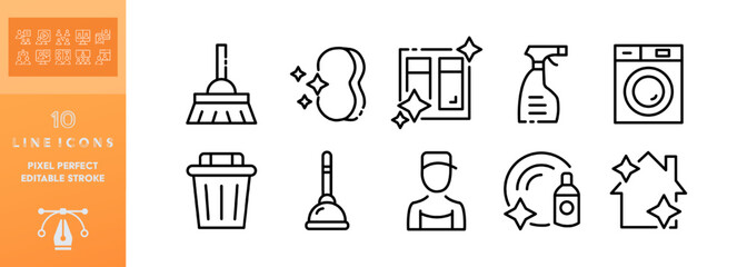Spring cleaning set icon. Sponge, rag, window, detergent, paint bucket, faucet, washing machine, dishwasher, bucket. Cleaning concept. Vector editable set icon on a white background
