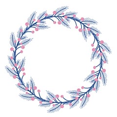 Winter wreath with blue branches and berries. Design for Holidays invitation, greeting card, poster, packaging, print.