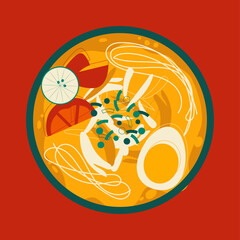 An Illustration of Indonesia Local Delicacies - Soto Ayam. Indonesian style Turmeric Chicken Noodle Soup, with boiled egg, Shredded Chicken, Lime, Tomato and Rice Noodle. Vector Illustration