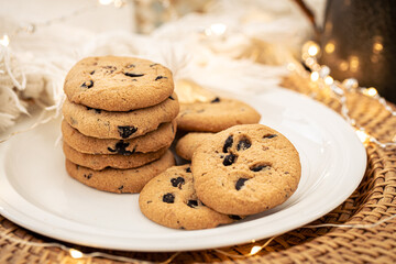 Cookies with chocolate chips close-up on a plate.
