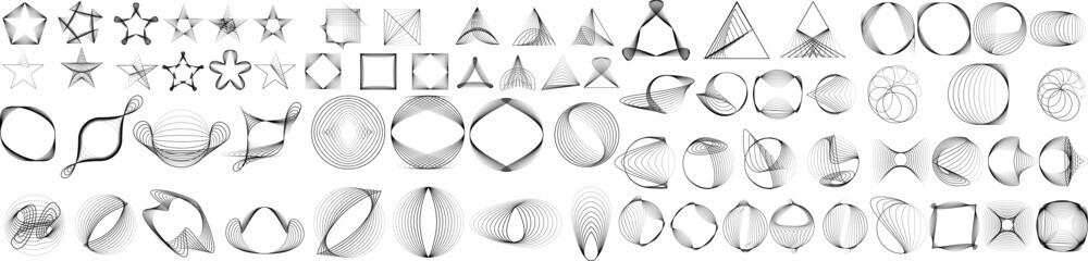 Big set of lines in Circle Form . Spiral Vector Illustration .Big collection of round Logos .  . Abstract Geometric circular shapes .Rotating radial lines collection. Concentric circles