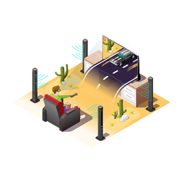 watching a movie online at home in 3D. Isometric style