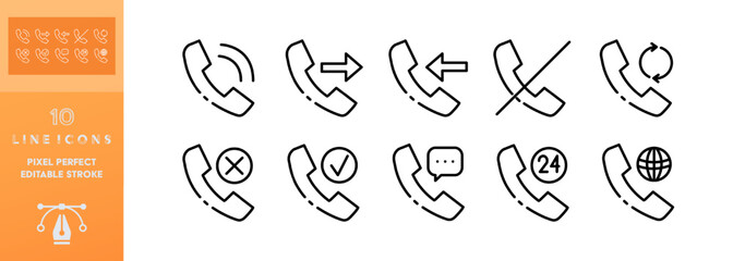 Handset set icon. Call, Phone, 24 on 7, navigation, mail, correspondence, sms, missed. Phone future concept. Vector editable set icon on a white background