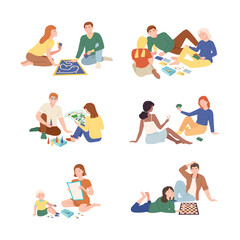 People playing board games set. Families having good time together playing cards, adventure game and checkers at home vector illustration