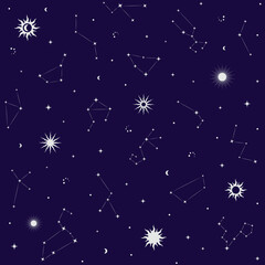 Obraz na płótnie Canvas Seamless pattern with constellations, stars, sun, moon. Starry night sky, galaxy background. Vector illustration.