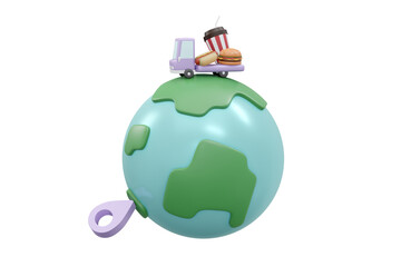 3D Rendering of location service symbol around the world concept of worldwide food shipping business. 3D Render illustration cartoon style.