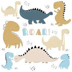 Dinosaurs vector set in cartoon scandinavian style. Colorful cute baby illustration is ideal for a children's room.	