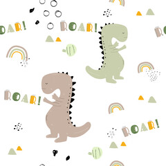 Vector hand-drawn colored seamless repeating childrens pattern with cute dinosaurs and cacti in Scandinavian style on white background. Children's pattern with dinosaurs. Cute baby animals. Dino.