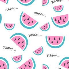 Vector hand drawn seamless pattern with watermelons and pits in doodle style. Juicy wallpaper with fruits on a white background. Print for clothes, textiles, gift wrapping, paper.