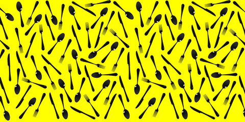 pattern Top view of fork, spoon, knife on yellow background. Template for applying to the surface. Horizontal image. Banner for insertion into site. Flat lay. 3D image. 3D visualization.