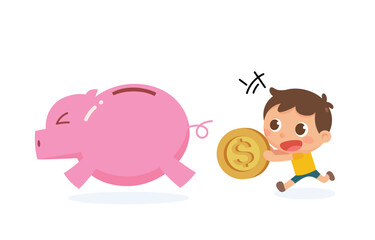 Lovely kid saving money coin-a child holds a coin running to the piggy bank. A flat vector illustration.