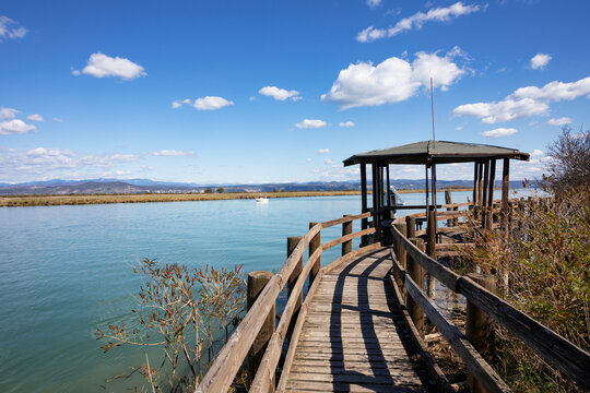 Italy, Friuli Venezia Giulia, Grado, Boardwalk and observation point on bank of Isonzo river