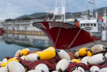 Nets and fishing boat in the Port of Santoña.