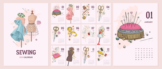 Illustrated 2023 calendar template with hand drawn vintage sewing tools and accesories. Vector illustration