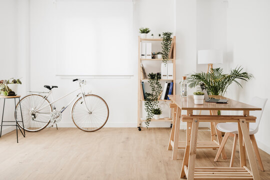 Interior of modern office with bicycle and desk