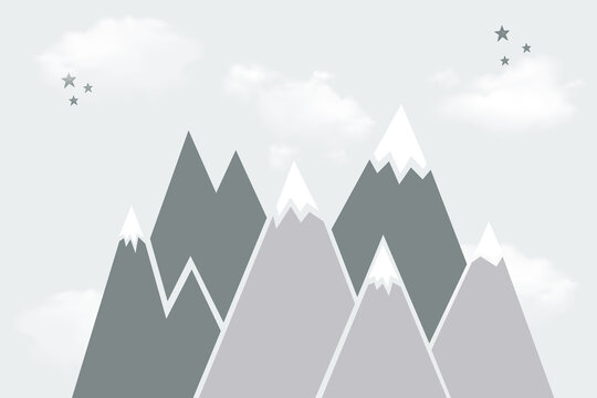 Mountains and clouds. For baby wallpapers, decor, web banners, posters. Children's wallpaper. Hand drawn in scandinavian style. Mountain landscape.