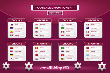 World football championship groups table template on red gradient abstract background