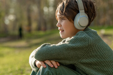 Boy listening to music through wireless technology in park