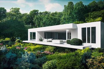 Fototapeta na wymiar Futuristic minimalist modern bungalow house in beautiful garden