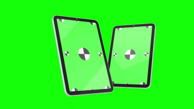 3D render of two TabletPC with a green background. Rotating in screen. With a green screen for easy keying. Computer generated image. Easy customizable.