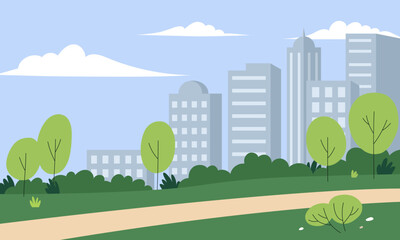 City park. Urban park and green trees, skyscrapers on background. Flat vector illustration