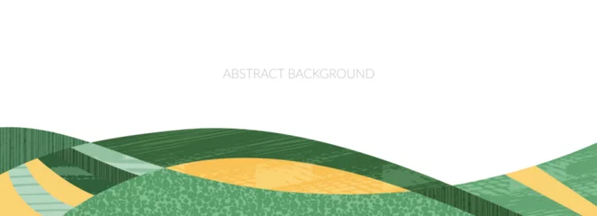 Rollo Abstract farm field collage background. Agro land backdrop, farmland landscape vector illustration with texture. Oriental decorative banner, eco design, green rural panorama, ecology art header © Maria Petrish