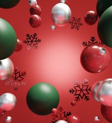 Fototapeta na wymiar 3D render - abstract, modern, christmas background with flying colorful balls, snowflakes and candies. Vertical podium, festive showcase for advertising and product presentation. New Year card. 