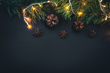 Christmas background with Christmas tree branches and garland, flat lay.
