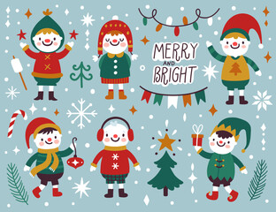 Vector Christmas set with cute snowmen, snowflakes, holiday decorations. Winter set with cartoon characters and text “Merry and bright”. Snowman in winter clothing. Kids background.