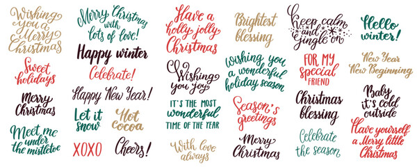 Vector holiday set of hand written phrases about Christmas, New year and winter. Script lettering designs for greeting cards and poster. Cute quotes with seasonal warm wishes. Merry Christmas text.