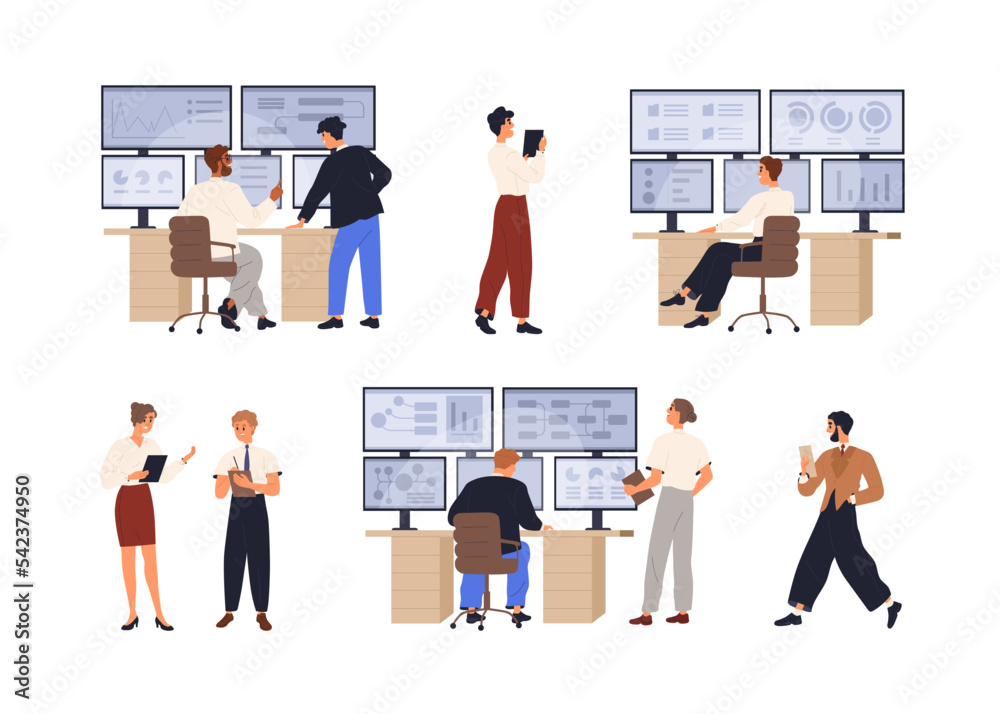 Aufkleber Big data analysis, science. Database information control, management, monitor and analytics concept. People work at multiple screen computer set. Flat vector illustrations isolated on white background